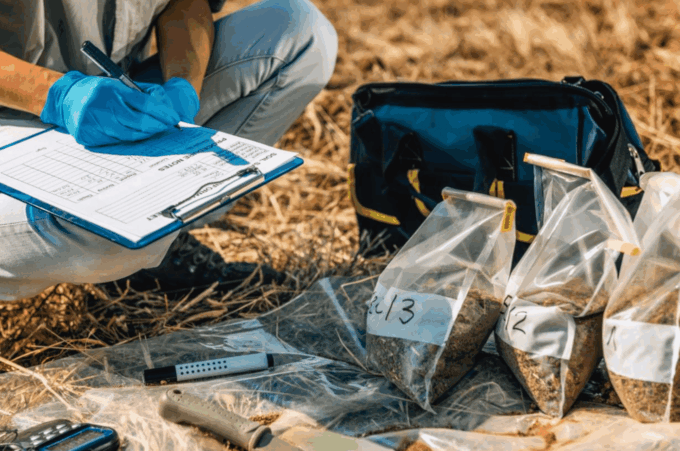 A person wearing blue gloves kneels on dry grass, writing on a clipboard beside plastic bags filled with soil samples, a black bag, and scientific equipment.