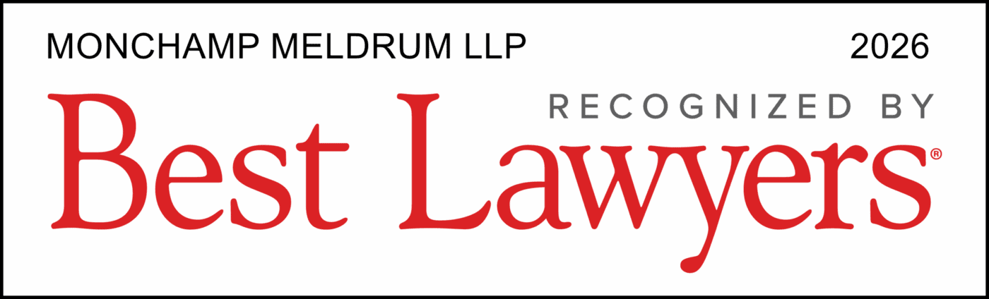 Rectangular Badge With Text: “Monchamp Meldrum Llp 2026” At The Top And “Recognized By Best Lawyers” In Large Red And Gray Letters In The Center.